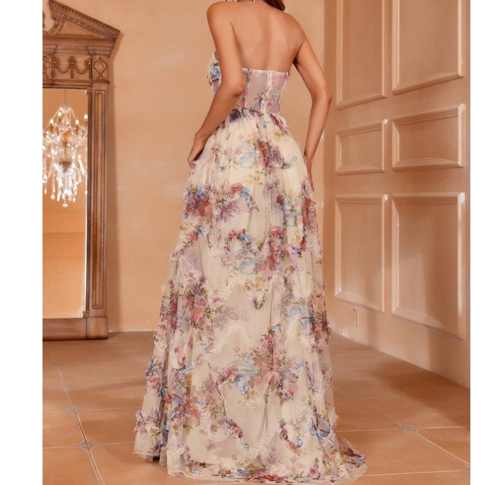 Luxe Cream Floral Print Ruched Corset Party Wedding Formal Dress - Picture 4 of 6
